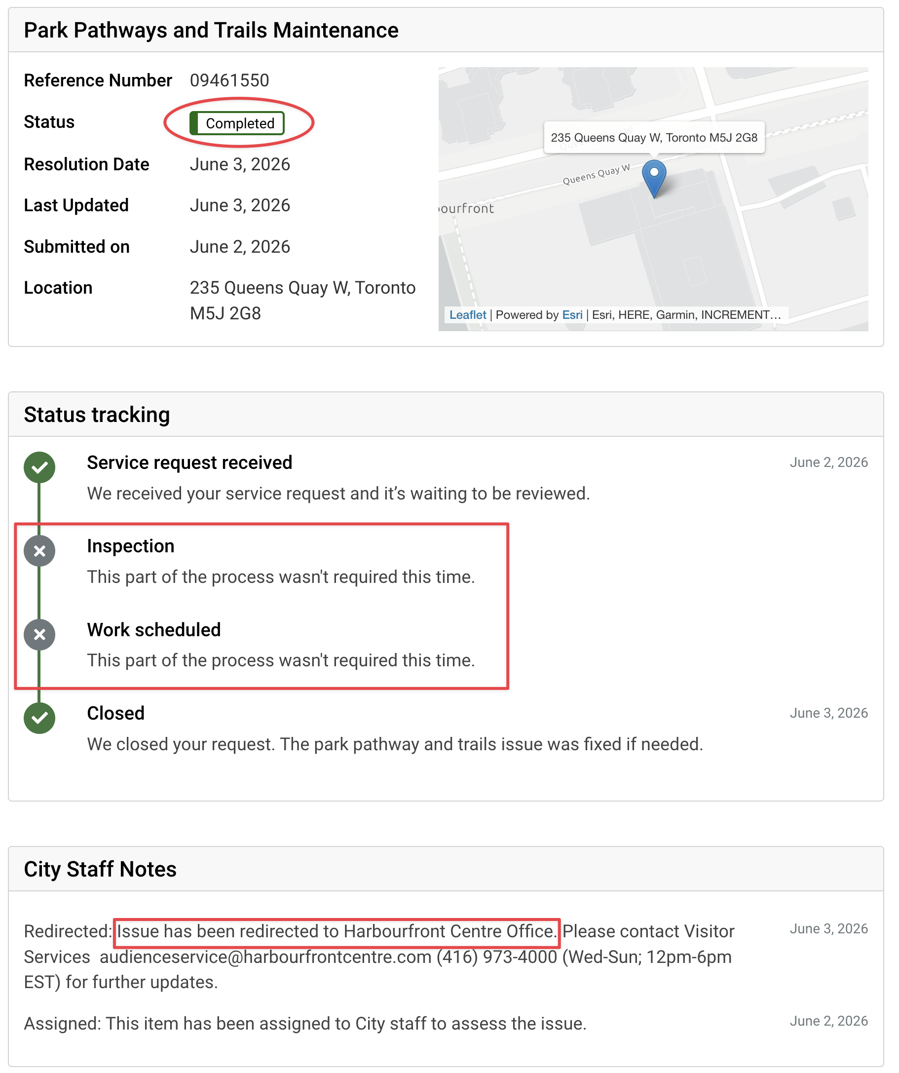 Toronto's 311 tracker for report 841: status marked Completed, Inspection and Work scheduled both shown as not required, and a staff note redirecting the issue to Harbourfront Centre Office.