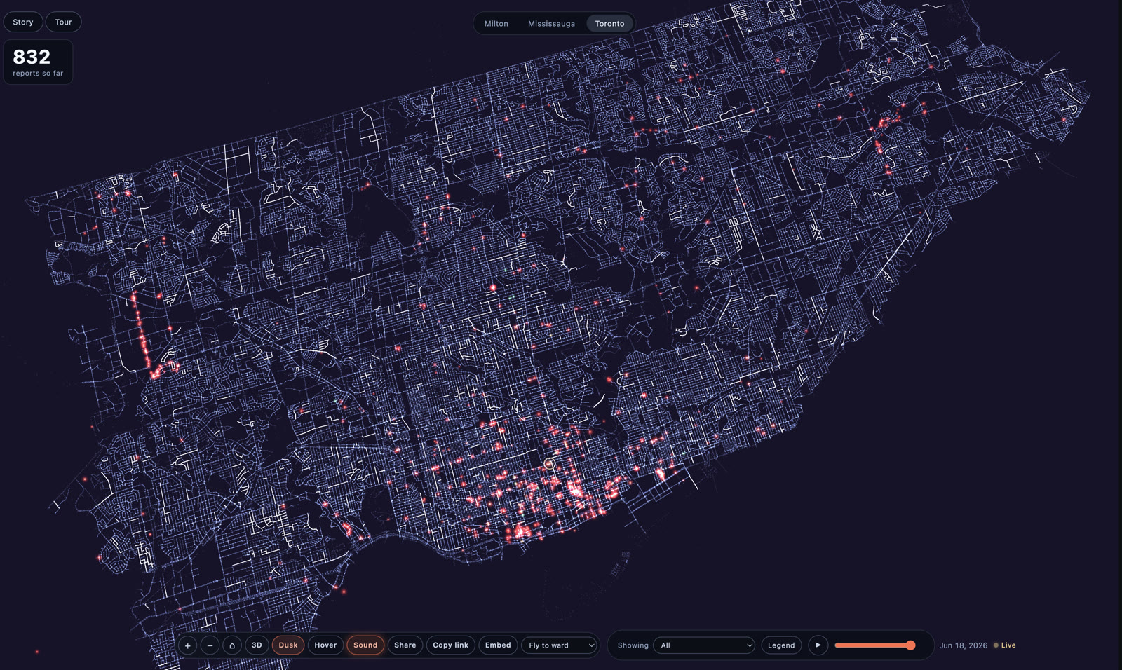The whole city on Pulse, every report a single glow in one picture.